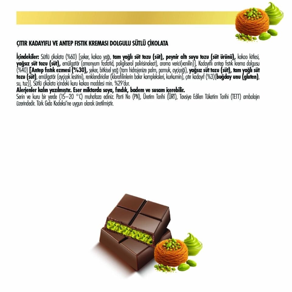 Çıtır Kadayıf ve Fıstık Krema Dolgulu Sütlü Çikolata, 200 gr