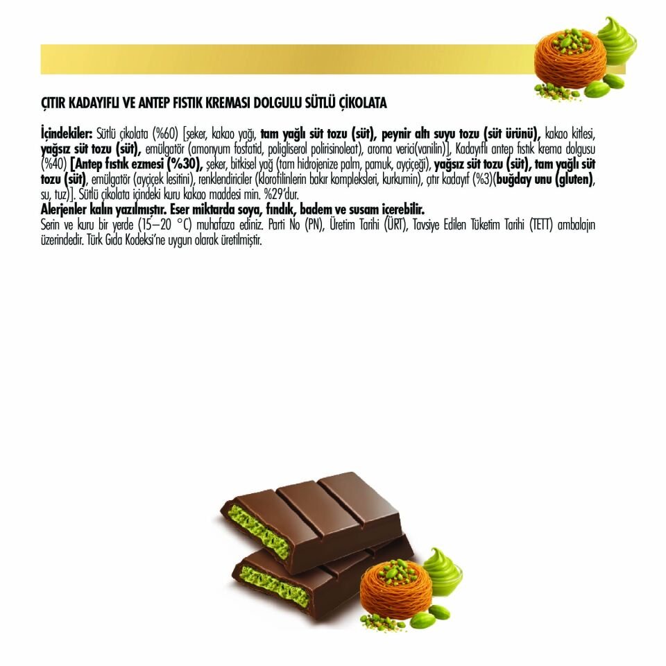 Çıtır Kadayıf ve Fıstık Krema Dolgulu Sütlü Çikolata, 100 gr (10'lu Paket)
