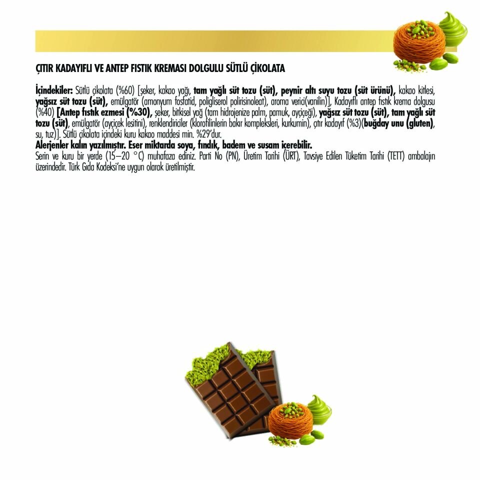 Çıtır Kadayıf ve Fıstık Krema Dolgulu Sütlü Çikolata, 80 gr (6'lı Paket)