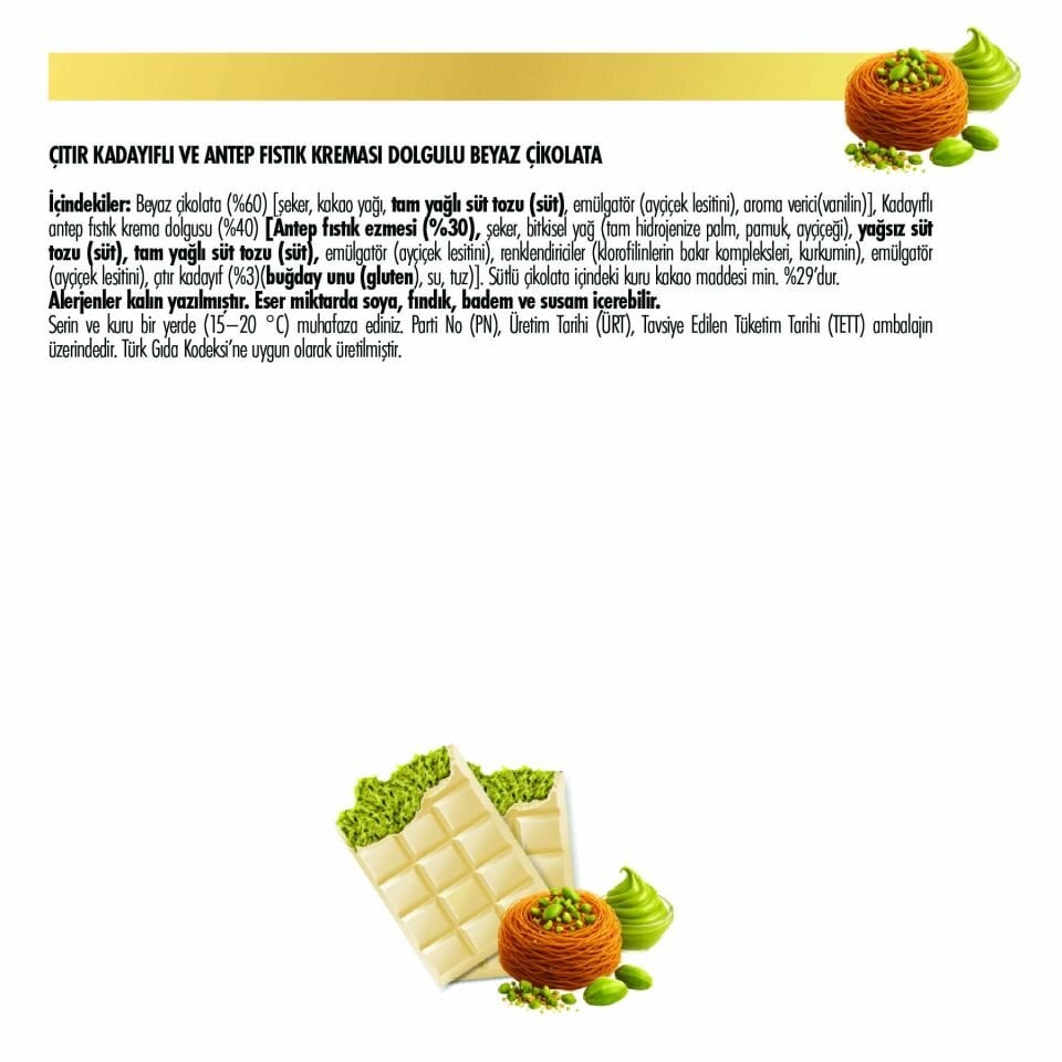 Çıtır Kadayıf ve Fıstık Krema Dolgulu Beyaz Çikolata, 80 gr