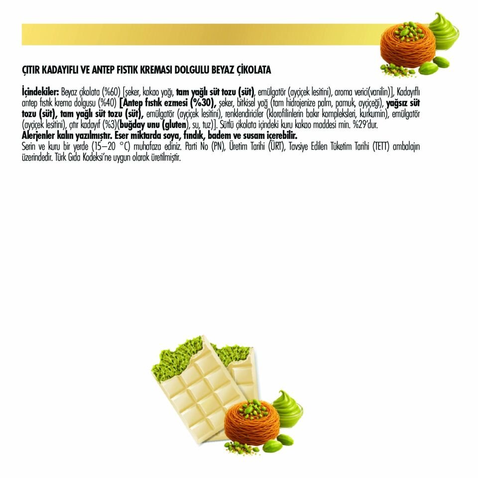 Çıtır Kadayıf ve Fıstık Krema Dolgulu Beyaz Çikolata, 80 gr (6'lı Paket)