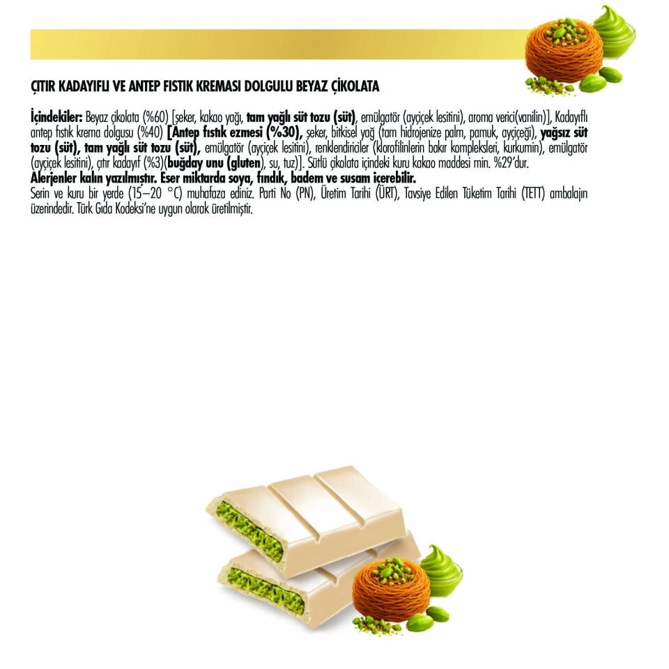 Çıtır Kadayıf ve Fıstık Krema Dolgulu Beyaz Çikolata, 100 gr