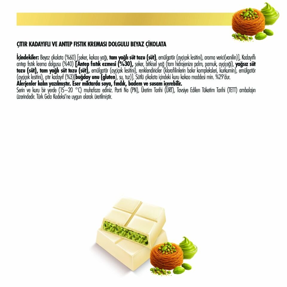 Çıtır Kadayıf ve Fıstık Krema Dolgulu Beyaz Çikolata, 200 gr
