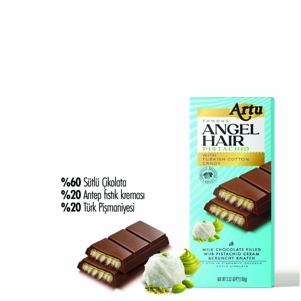 Angel Hair Antep Fıstıklı Kremalı Pişmaniye Dolgulu Sütlü Çikolata, 80 g (10'lu Paket)