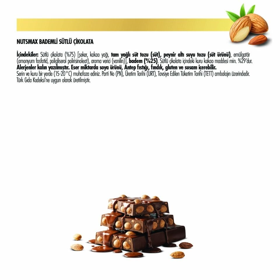 Nutsmax Bademli Sütlü Tablet Çikolata, 80 g (6'lı Paket)