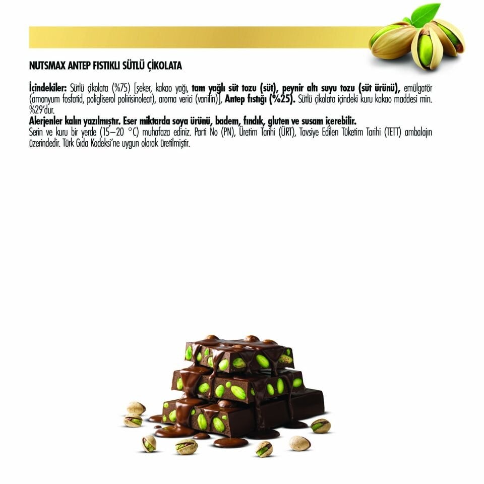 Nutsmax Antep Fıstıklı Sütlü Tablet Çikolata, 80 g (6'lı Paket)