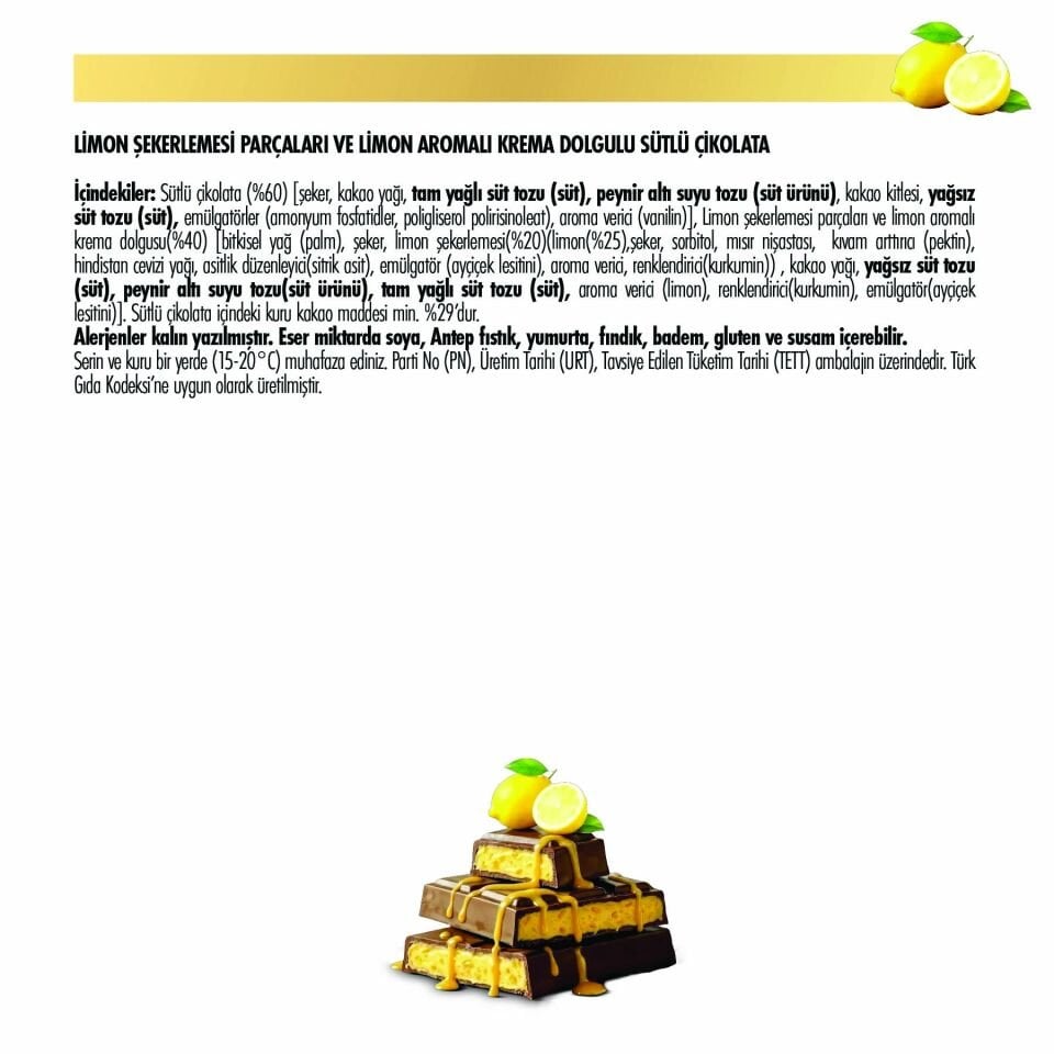 Frucho Limon Meyve Şekerlemesi Parçacıklı Sütlü Çikolata, 80 g (6'lı Paket)