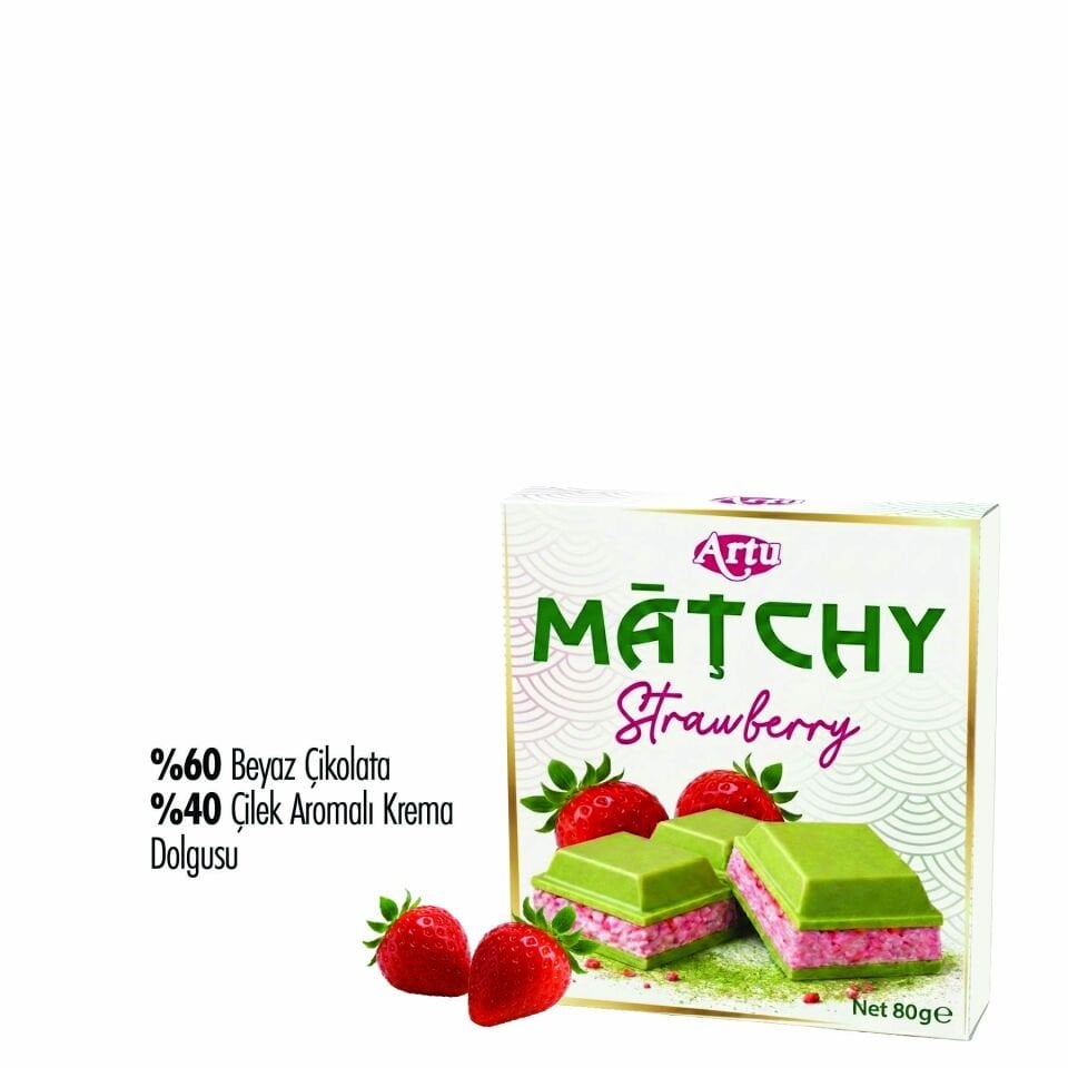 Çilek Aromalı Krema ve Çilek Parçalarıyla Doldurulmuş Matchiva Beyaz Çikolata, 80g (6'lı Paket)