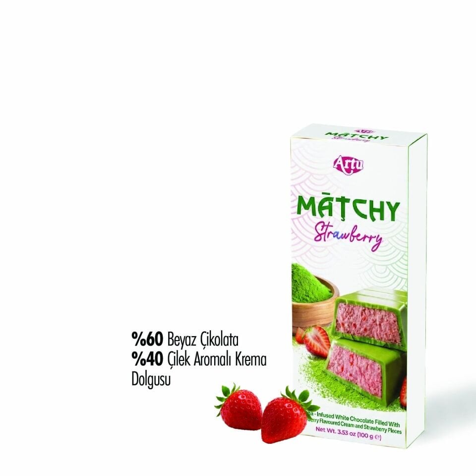 Çilek Aromalı Krema ve Çilek Parçalarıyla Doldurulmuş Matchiva Beyaz Çikolata, 100g (10'lu Paket)