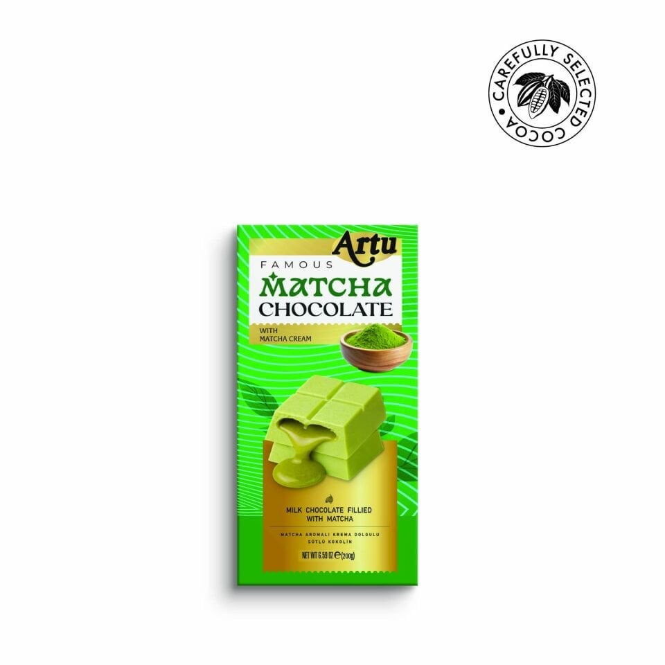 Karamel Aromalı Antep Fıstık Kreması Dolgulu Matcha Beyaz Çikolata, 200g