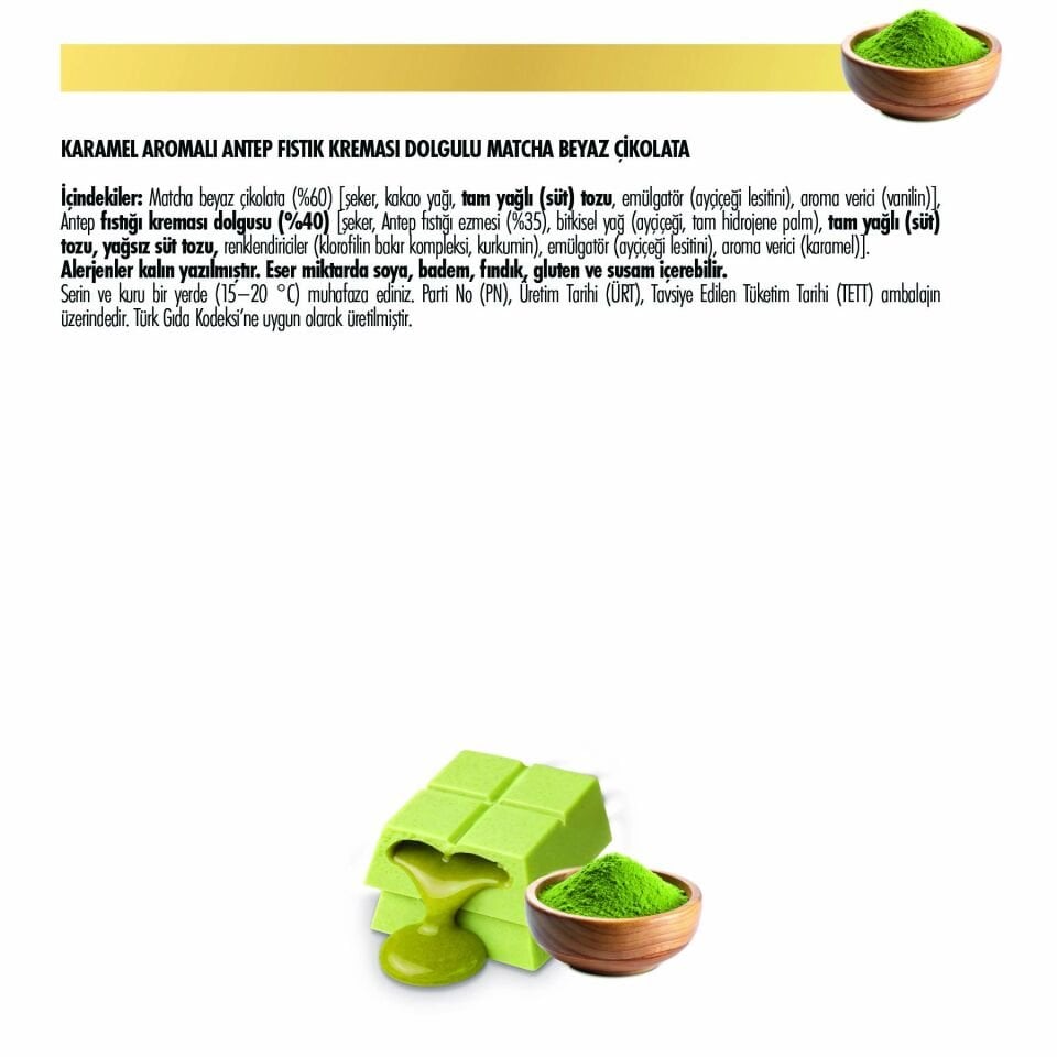 Karamel Aromalı Antep Fıstık Kreması Dolgulu Matcha Beyaz Çikolata, 200g