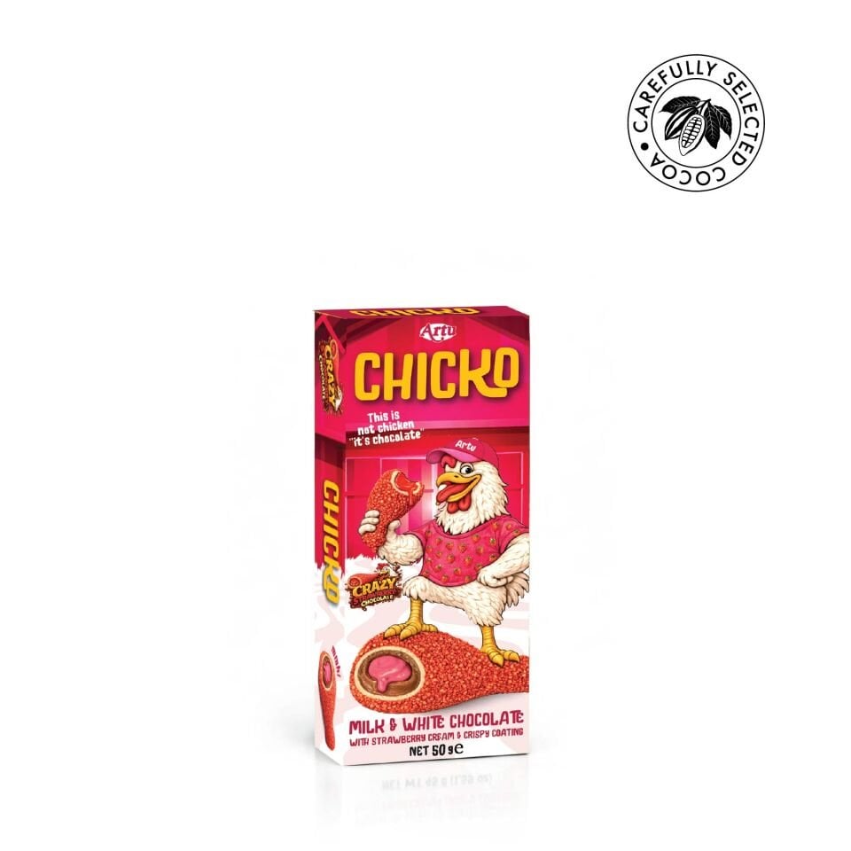 Chicko Çilek Aromalı Bisküvi Parçacıkları ile Kaplanmış Krema Dolgulu Çikolata, 50g (12’li Paket)