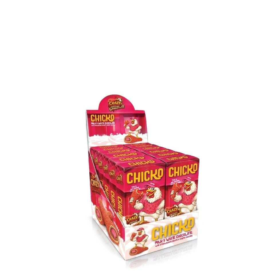 Chicko Çilek Aromalı Bisküvi Parçacıkları ile Kaplanmış Krema Dolgulu Çikolata, 50g (12’li Paket)