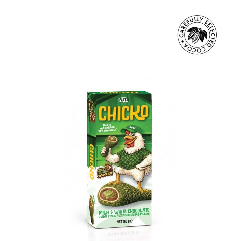 Chicko Antep Fıstık Aromalı Bisküvi Parçacıkları ile Kaplanmış Krema Dolgulu Çikolata, 50g (12’li Paket)