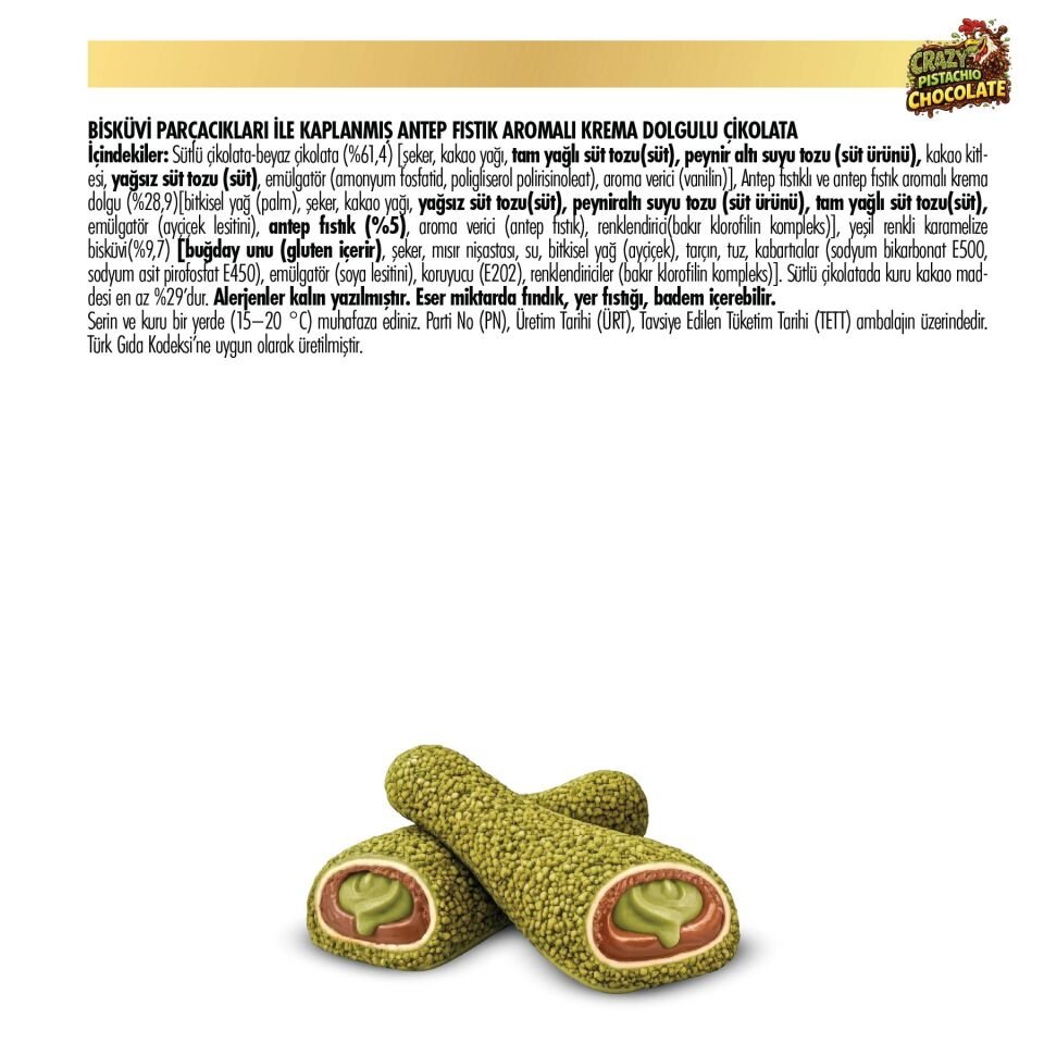 Chicko Antep Fıstık Aromalı Bisküvi Parçacıkları ile Kaplanmış Krema Dolgulu Çikolata, 50g (12’li Paket)